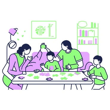A family is gathered around a wooden table in their living room, working together on a jigsaw puzzle. The table is covered with puzzle pieces, some scattered and others already fitted together. The family members, including two adults and two children, are leaning over the puzzle, intently focused on finding the right pieces. One child is holding a piece up, while the other is pointing to a spot on the table. The adults are discussing and offering encouragement. In the background, comfortable couches and a bookshelf filled with books are visible, adding to the cozy atmosphere of the room. A bright lamp casts a warm light over the scene.