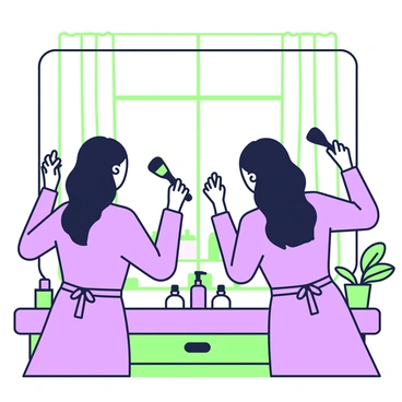 Two identical twins are standing side by side in front of a shared bathroom mirror. They are both brushing their long hair with matching brushes. The twins are wearing matching bathrobes, and their reflection shows their synchronized movements. A colorful countertop is visible in front of them, adorned with hair products and brushes. The bathroom features a large window with sheer curtains, letting in soft light that illuminates the scene. A small potted plant sits on the edge of the countertop, adding a touch of greenery.