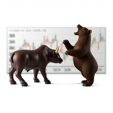 A fierce bull with a muscular build and glossy dark brown fur stands firmly, its head lowered and horns prominently displayed. Opposite the bull, a powerful bear with thick, shaggy fur and sharp claws rears up, its mouth open in a growl showcasing its teeth. The scene captures the intensity of their confrontation, with both animals locked in a tense stance. The background is a blurred representation of a stock market graph, with fluctuating lines symbolizing market volatility. The setting conveys a dramatic moment, highlighting the clash between these two formidable creatures.