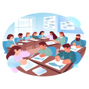 A classroom filled with students who are engaged in an art lesson. Each student is seated at a wooden desk, focused on their artwork. The students are drawing different species of halibut on sheets of paper in front of them. Some papers display detailed illustrations of halibut in various sizes and colors. The classroom walls are adorned with educational posters about marine life, and there are art supplies such as colored pencils and sketchbooks scattered across the desks. A large window lets in soft, natural light that illuminates the scene.