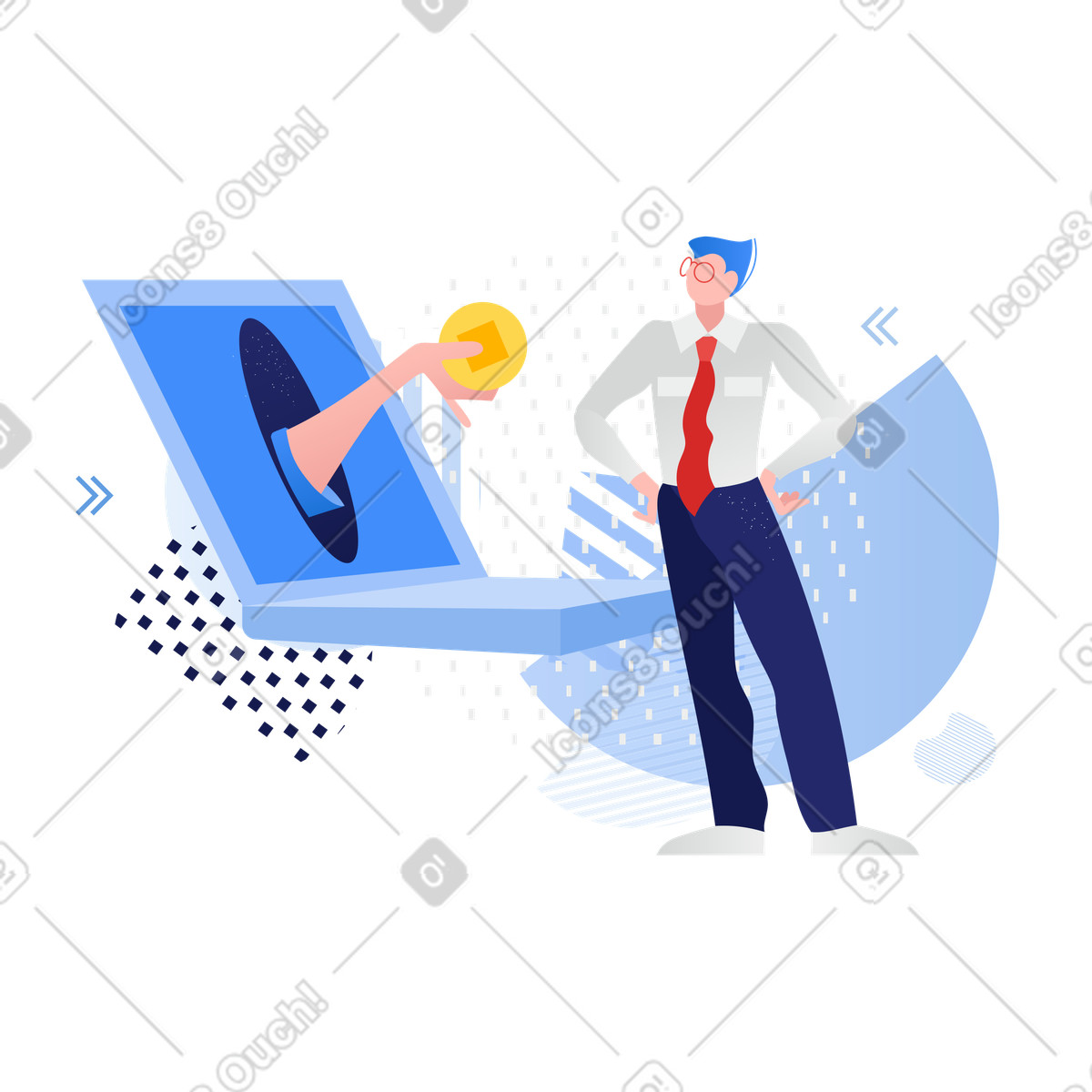 Hand from laptop delivering coin as online payment illustration in Clip style download in PNG, SVG