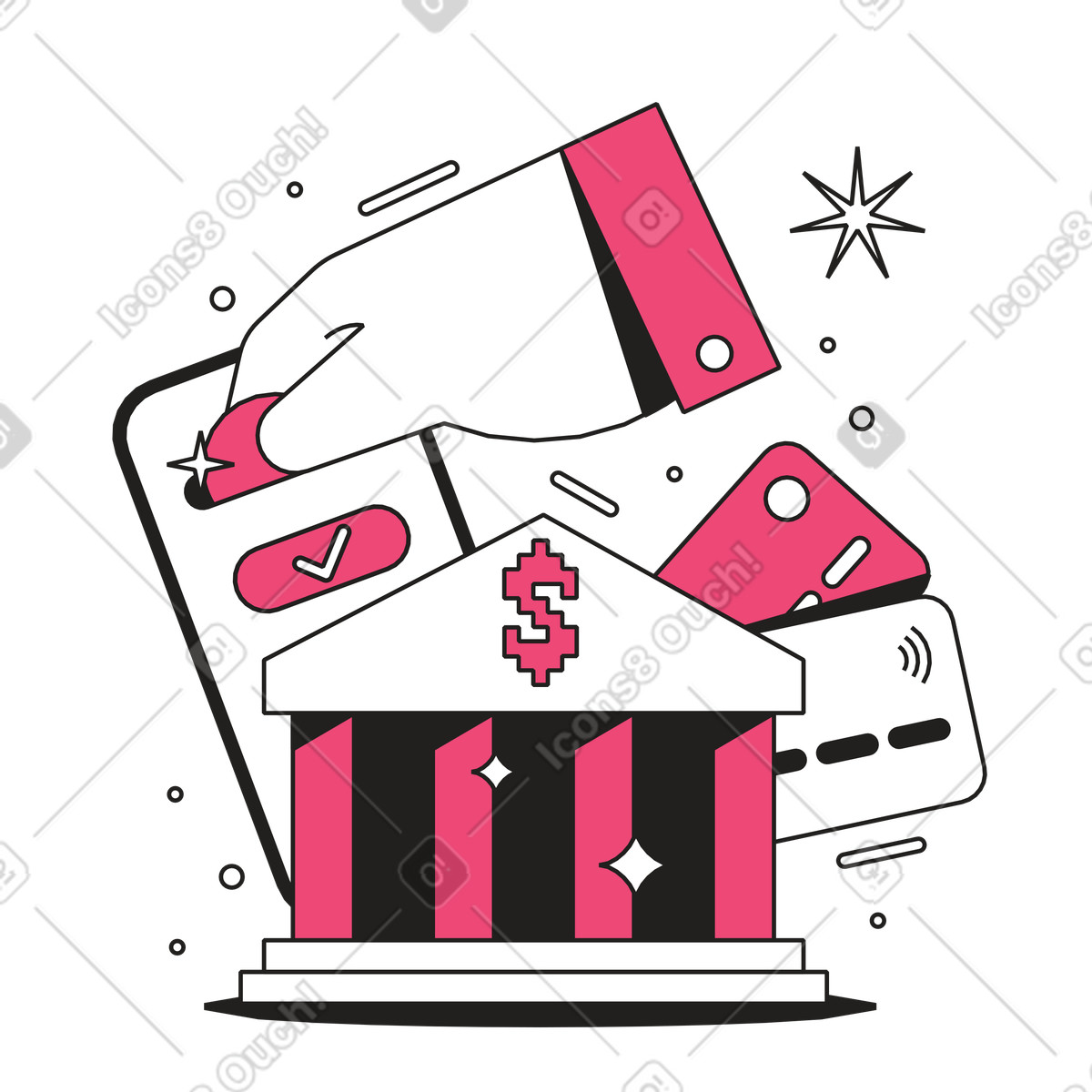 Smartphone with online banking and e-transactions animated illustration in GIF, Lottie (JSON), AE
