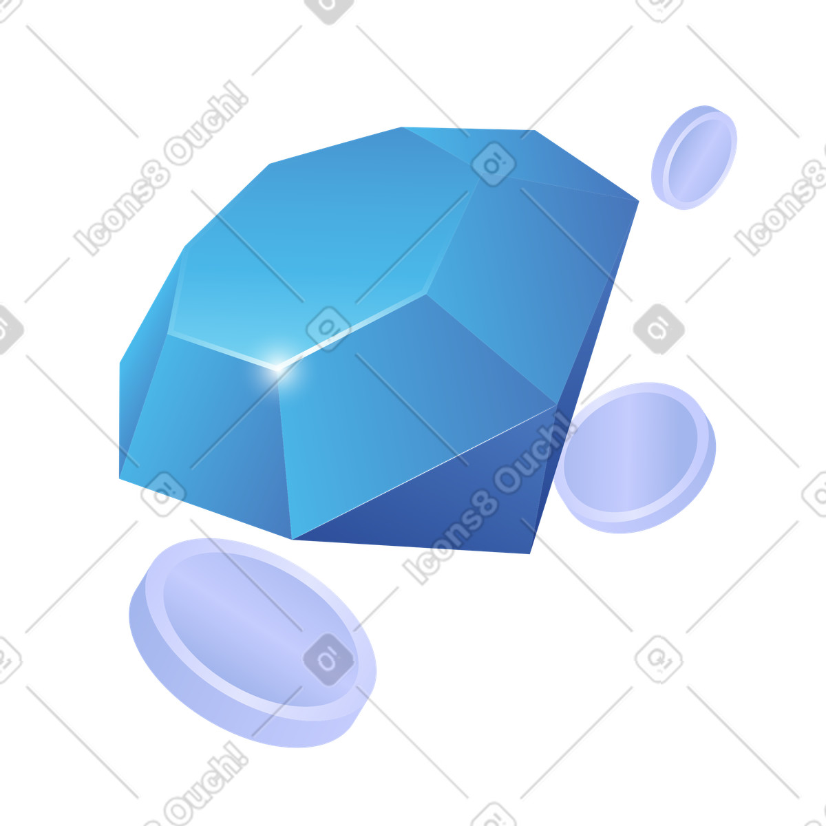 Ilustración Gem blue crystal surrounded by floating silver coins treasure concept en estilo Quantum a descargar en PNG y SVG