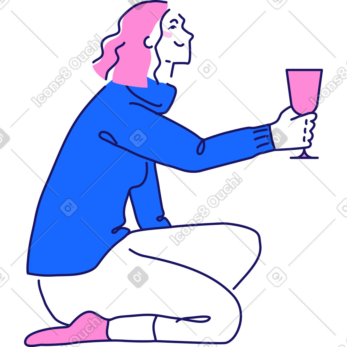 Illustration Fille assise dans un pull avec une coupe de champagne le style Matey à télécharger aux formats PNG, SVG