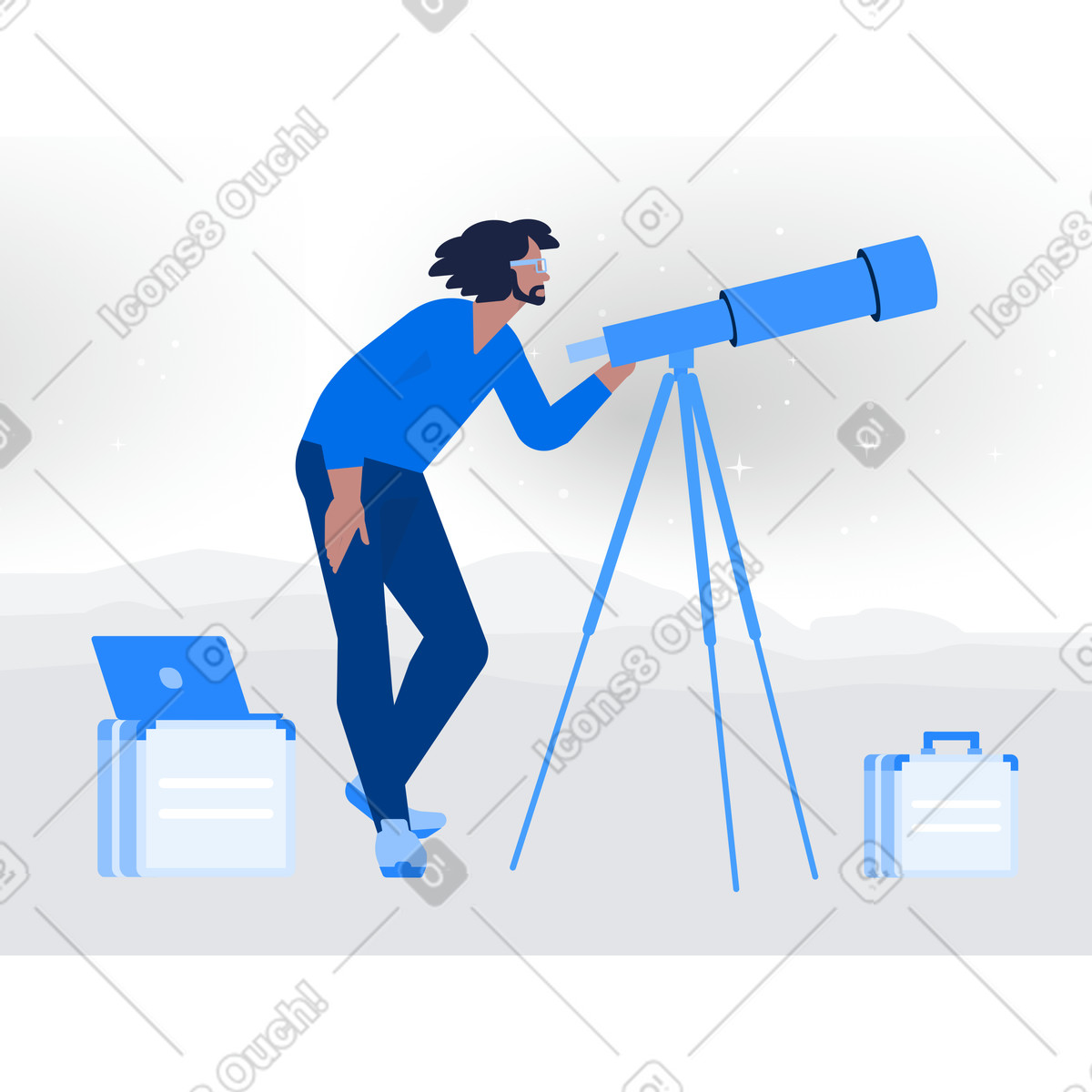 Urban 스타일의 Scientist with telescope and equipment, Space discovery or astronomy education 일러스트레이션 PNG, SVG 다운로드