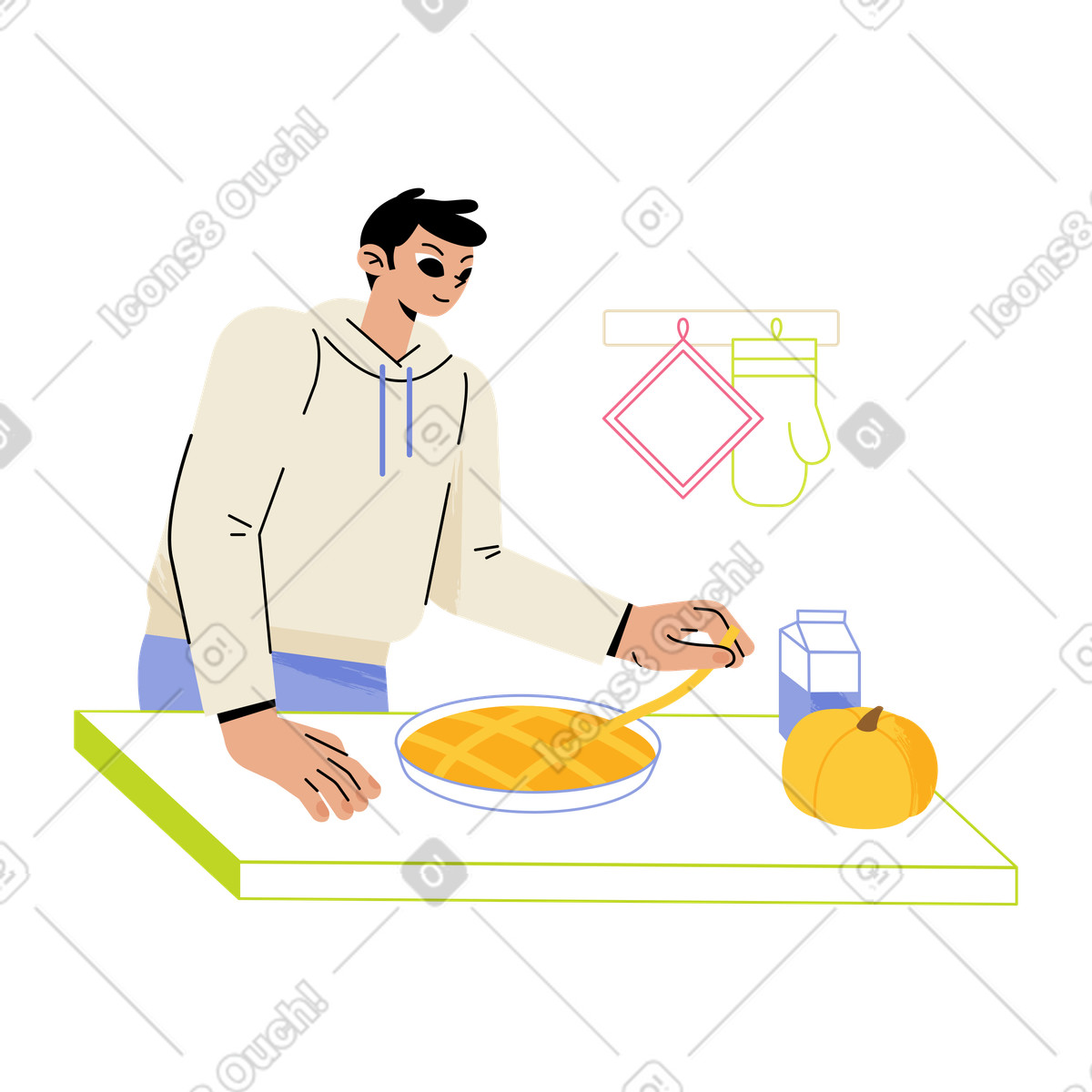 Baker preparing pumpkin pie at kitchen counter, homemade holiday treat illustration in Juicy style download in PNG, SVG