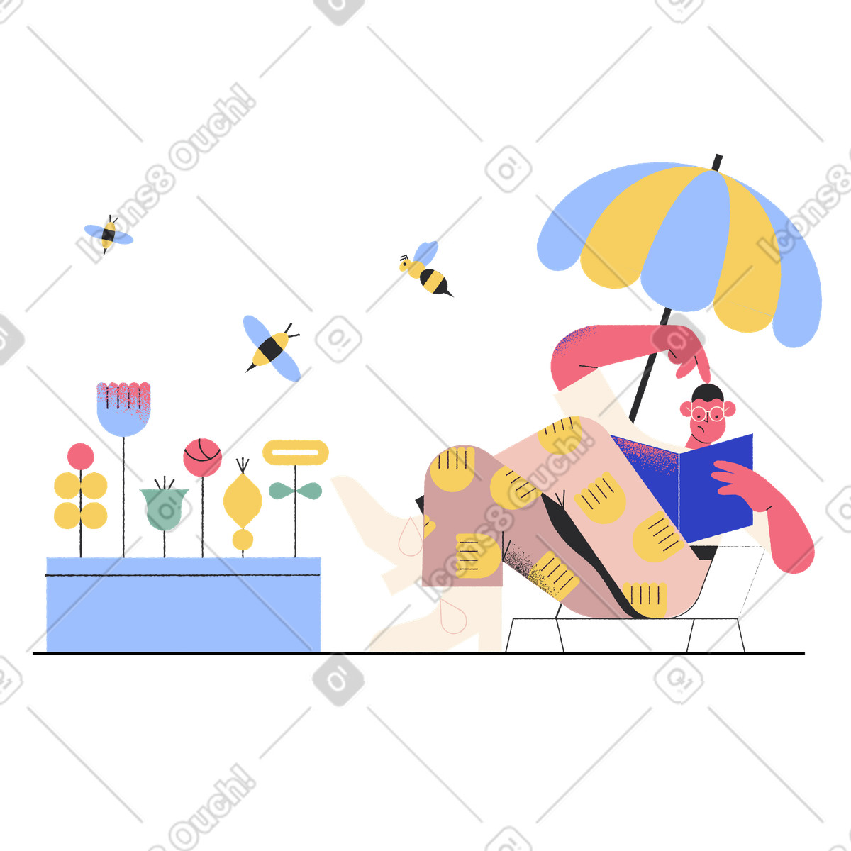 Man sitting and reading book outdoors illustration in Pablo style download in PNG, SVG