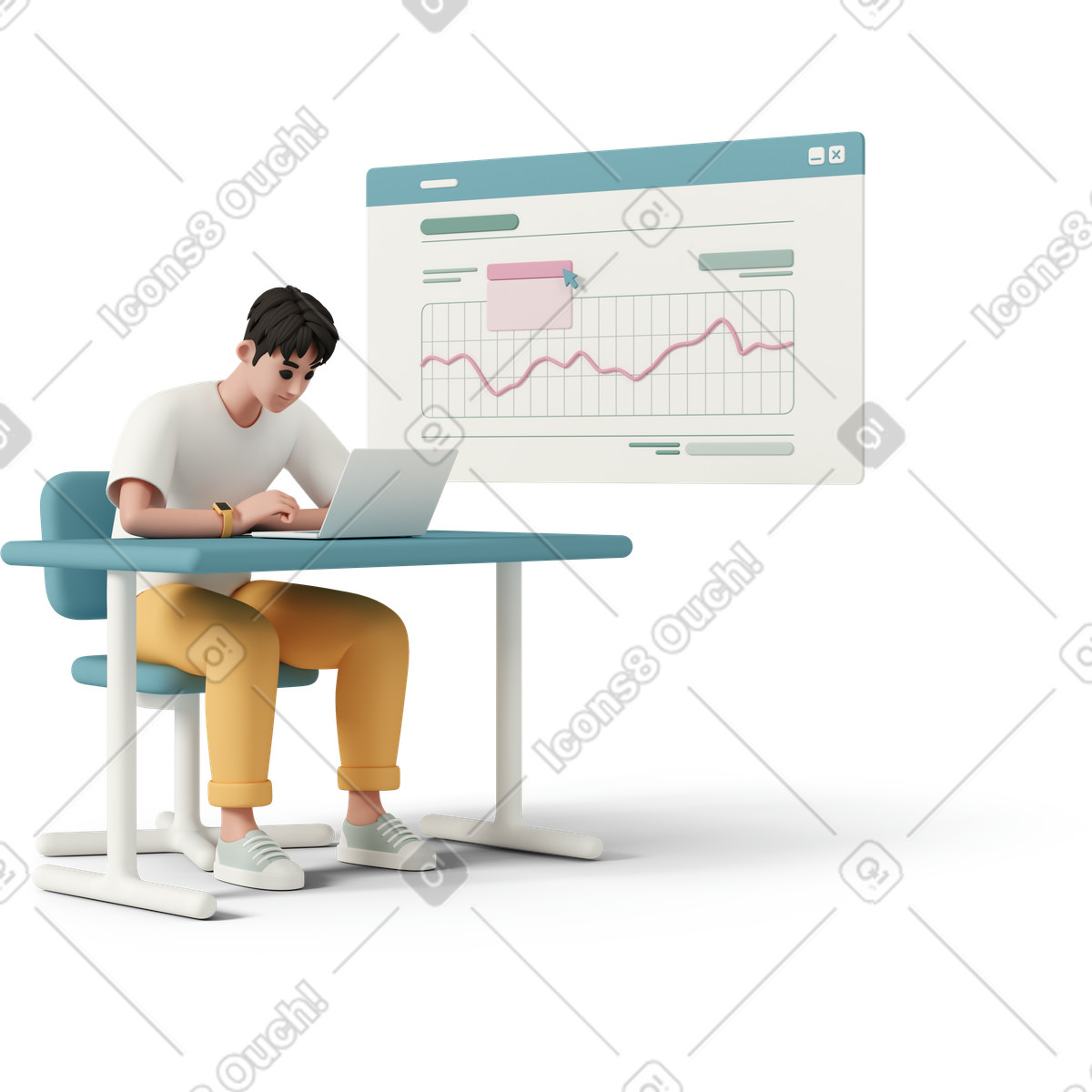 下载 3D Casual life 风格的 Man in front of laptop and graph on web browser background 插画，支持 PNG、SVG 格式
