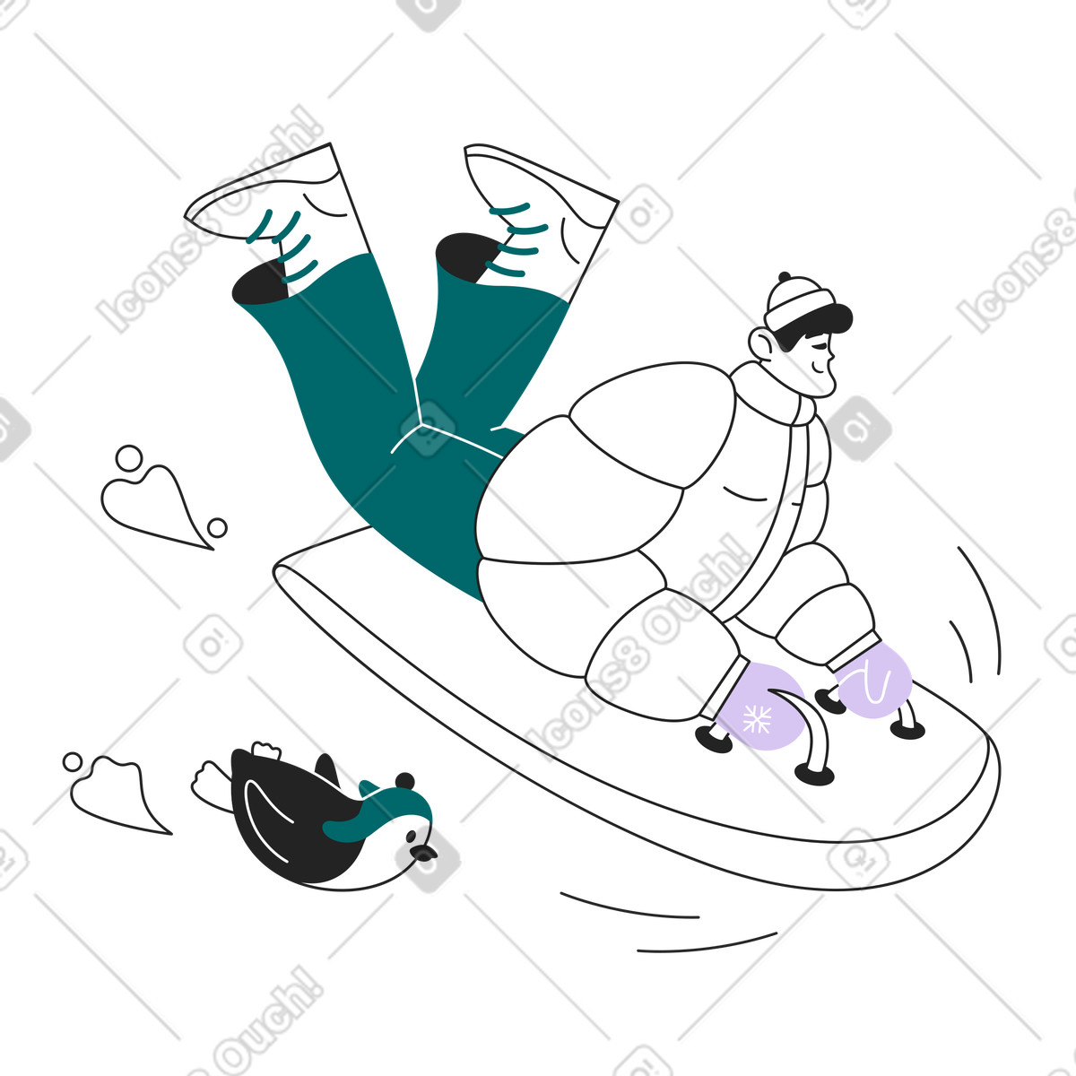 Guy cavalca un pattino da ghiaccio con pinguino illustrazione in stile Sammy Line scarica in PNG, SVG