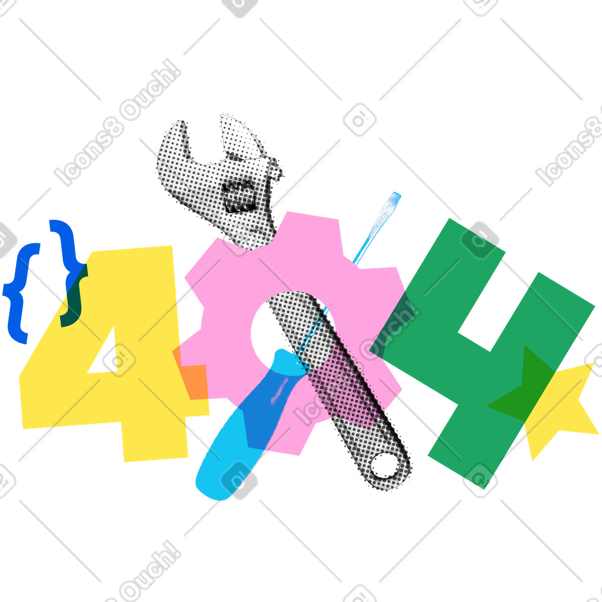 Lettering 404 with wrench and screwdriver text illustration in PNG, SVG