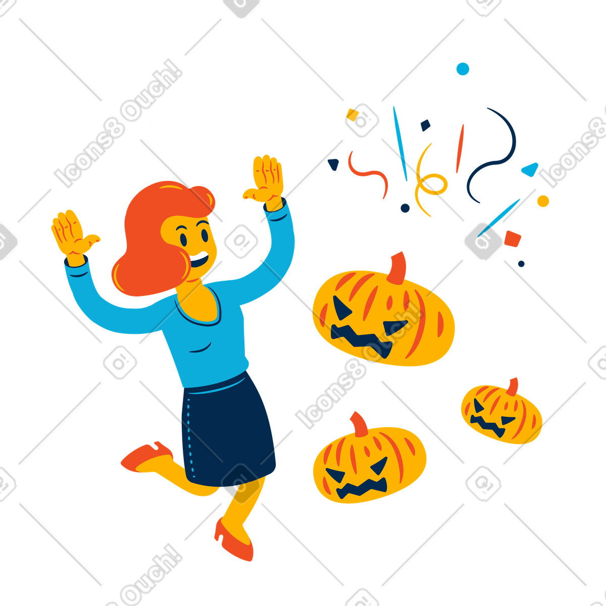 Frau hat angst vor gruseligen kürbissen-Illustration im Flame-Stil als Download in PNG, SVG