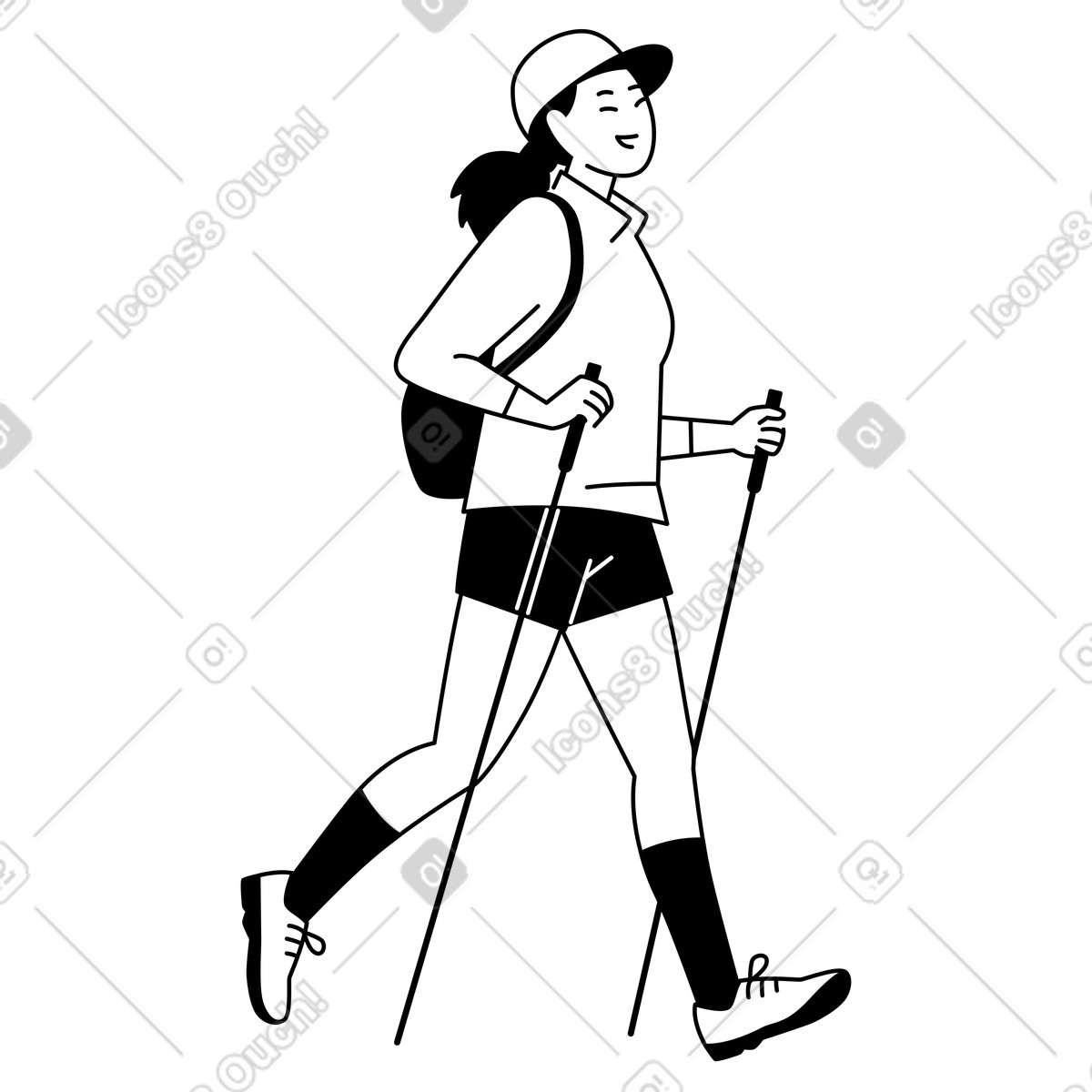 下载 Weekday 风格的 Hiker walking with backpack and poles, healthy lifestyle exercise 插画，支持 PNG、SVG 格式