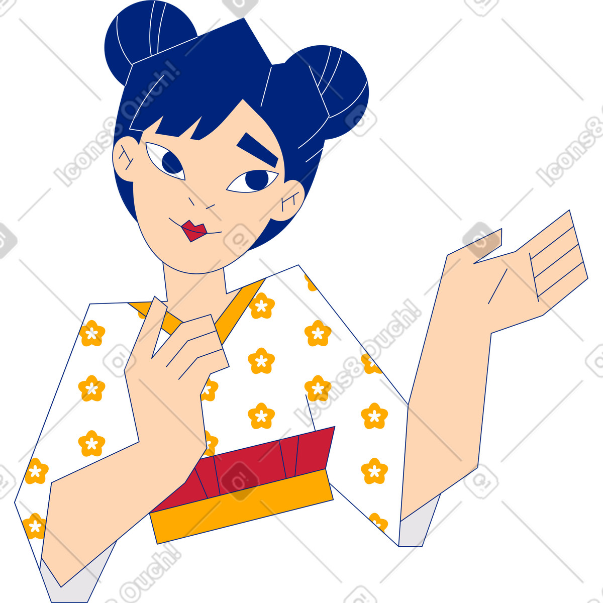 Girl with buns showing something illustration in Neo-Sakura style download in PNG, SVG