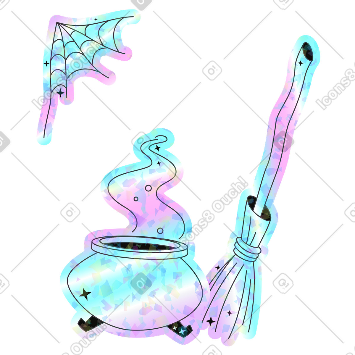Illustration Pot de potion et balai sorcière sous une toile d'araignée dans le style Holostickers à télécharger aux formats PNG, SVG