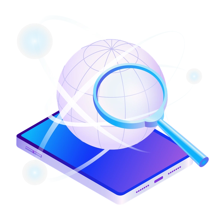A magnifying glass over a globe on a phone - Hi-tech style illustration