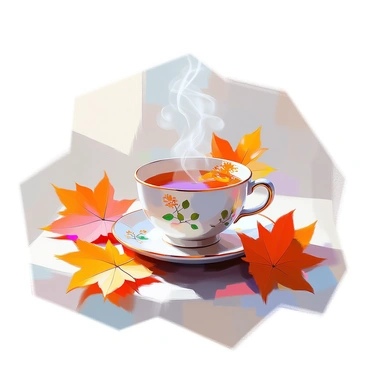 A cup of tea surrounded by colorful fallen autumn leaves