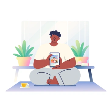A person with light brown skin and black hair is sitting cross-legged on a soft, light-colored mat in a peaceful room. They are wearing a comfortable, loose-fitting white t-shirt and light gray sweatpants. The room has soft natural light filtering through sheer white curtains, illuminating a few potted plants in the background. The person is holding a smartphone in their hands, displaying a social media app with a post about self-care. A small table beside them features a candle, a journal, and a cup of herbal tea. The overall atmosphere of the room is calm and inviting, encouraging a sense of tranquility.