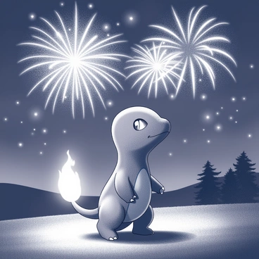 A Charmander stands on a grassy area, gazing up at the night sky. Fireworks explode above in various shapes and patterns, illuminating the scene with bright lights. The Charmander's tail flame flickers in the dim light, casting a soft glow around it. The background features silhouettes of trees and distant hills, creating a sense of depth. The atmosphere is filled with excitement, as the Charmander's eyes reflect the vibrant bursts of color from the fireworks.
