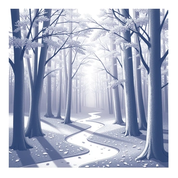 A dense forest filled with maple trees. The trees are tall, with thick trunks and expansive canopies. The ground is covered with fallen leaves, creating a carpet of leaves. Some branches are adorned with clusters of leaves at various stages of falling. Sunlight filters through the branches, casting light and shadows on the forest floor. A narrow path winds through the trees, inviting exploration.