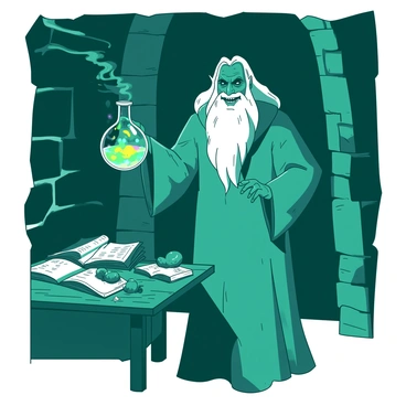 An evil wizard with a long, flowing robe in shades of teal stands in a dark tower. He has a long, twisted beard and a sinister grin on his face. In his right hand, he holds a potion bottle filled with swirling colors that illuminate the dim room. The walls of the tower are made of rough stone, and shadows loom ominously around him. Various ancient books and artifacts are scattered on a wooden table nearby, hinting at his dark intentions. The air is thick with a sense of impending mischief.