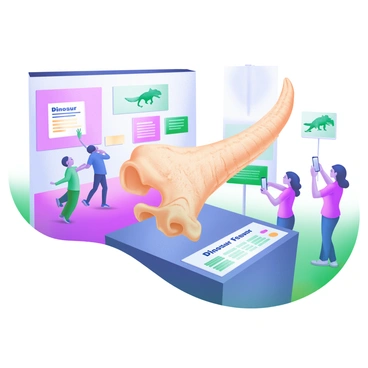 A modern pastel illustration depicting a museum exhibit showcasing a large dinosaur femur bone prominently displayed on a sleek pedestal. The femur is detailed, with textures visible on the surface, illustrating its age. Surrounding the exhibit are informational plaques with easy-to-read text, including the words "Dinosaur Femur" in bold letters. In the background, people of various ages are seen admiring the exhibit, with some taking photos and others reading the plaques. The walls of the museum are adorned with soft pastel colors and framed pictures of dinosaurs, enhancing the educational atmosphere.