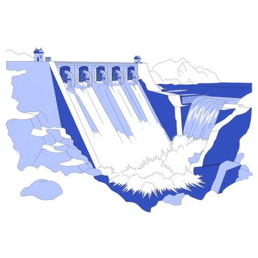 A large hydroelectric dam stands tall against a rugged landscape. The dam features a wide concrete structure with a series of massive spillways. Water rushes vigorously through several turbines, which are positioned at the base of the dam. Each turbine is intricately designed, with visible gears and blades actively turning. A powerful flow of water cascades over the spillways, creating a dynamic scene of movement. In the background, the reservoir is visible, filled with water reflecting the dam's towering presence.