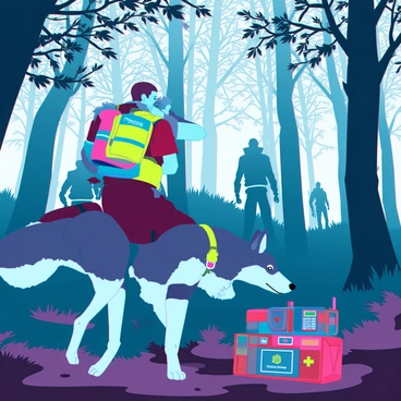 A search and rescue dog team, consisting of a uniformed rescue worker and a large, muscular German Shepherd. The rescue worker has short hair, wearing a bright yellow vest with reflective stripes, and carries a backpack filled with equipment. The dog is alert, with its ears perked up, as it sniffs the ground. They are navigating through a dense forest with tall trees, scattered underbrush, and dappled sunlight filtering through the leaves. Nearby, there are various search tools like a radio and a first aid kit placed on the forest floor. In the background, shadows of additional team members can be seen moving cautiously through the trees, creating a sense of urgency as they respond to the call for help.