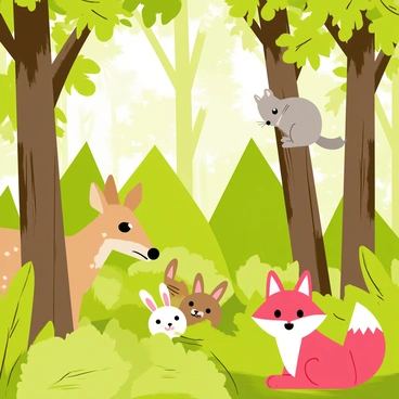 A dense forest filled with tall trees and lush green foliage. Various woodland animals are peeking from behind the trees. A curious brown deer with white spots stands partially hidden behind a large oak tree. A small grey squirrel with a bushy tail is clinging to the trunk of a nearby pine tree. A family of three rabbits, one brown and two white, is nestled in the underbrush, their ears perked up as they watch. A playful red fox is also visible, its bright coat contrasting with the green surroundings, peering out from behind a thick bush. Sunlight filters through the leaves, casting dappled shadows on the forest floor.