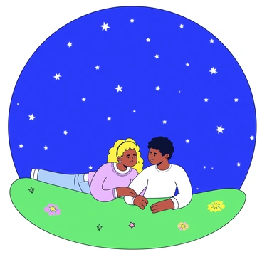 A couple lies on a grassy hill, their heads close together, while they gaze up at a clear sky filled with numerous twinkling stars. The hill is gently sloping, covered with vibrant green grass, and patches of small wildflowers in shades of yellow and purple. The couple is dressed casually, with the woman wearing a light sweater and the man in a t-shirt. Above them, the deep blue sky is scattered with bright stars, creating a beautiful contrast against the dark night backdrop. The atmosphere is tranquil, emphasizing the peacefulness of their shared moment.