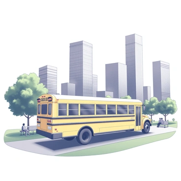 A yellow school bus is parked in an urban park. The bus has large windows and distinct markings. Surrounding the bus, there is green grass and a few trees that provide patches of shade. In the background, several tall skyscrapers rise against the sky, featuring a mix of glass and metal facades. People can be seen walking along the pathways in the park, some sitting on benches nearby. The scene captures a typical day in an urban setting.