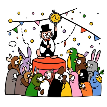 A cartoon cat with a white and black coat, wearing a black top hat and a red bow tie, is standing on a small stage. The cat has big eyes and a sly grin, swinging a shiny pocket watch back and forth in front of it. The audience, composed of various cartoon animals including a rabbit, a dog, and a parrot, are sitting in rows, gazing intently at the pocket watch with wide eyes, displaying a look of fascination. The background is filled with colorful lights and banners, creating a lively atmosphere.
