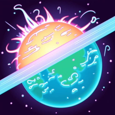 A solar magnetic storm is depicted with swirling streams of plasma and vibrant colors radiating from the sun. The sun has dynamic flares and coronal mass ejections erupting towards Earth. Earth's magnetosphere is illustrated as a protective bubble, showing distortions and waves caused by the storm's interaction. Bright blues, greens, and purples dominate the scene, conveying the intensity of the storm. In the background, stars and galaxies are visible, enhancing the cosmic atmosphere of the illustration.