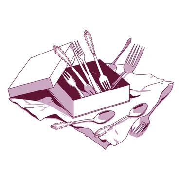 A collection of ornate antique silverware is arranged elegantly on a richly textured white cloth. The silver pieces include intricately designed forks, knives, and spoons, gleaming with a polished finish. Each piece features delicate floral engravings and ornate handles, showcasing the craftsmanship of a bygone era. Some silverware is placed in a shiny white box that has its lid open, revealing a velvet lining. The arrangement of the silverware is harmonious, symbolizing a traditional dowry display. 