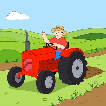A bright red tractor with shiny metal wheels is actively plowing a lush green farm field. The tractor's large red body gleams in the sunlight. A farmer with light skin and a wide-brimmed straw hat is sitting in the driver's seat, smiling and waving with one hand raised. The field stretches out behind the tractor, dotted with patches of vibrant green grass and the occasional wildflower. In the background, there are gentle rolling hills and a clear blue sky with a few fluffy white clouds. The scene captures the essence of a warm, sunny day on a working farm.