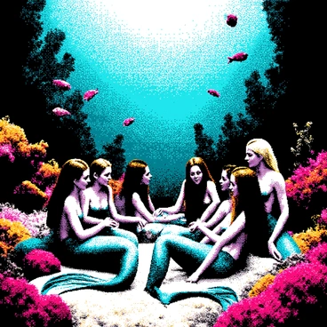 An underwater kingdom is filled with vibrant coral structures and schools of fish swimming around. In the center, a group of merfolk is gathered, engaged in a card game. The merfolk have shimmering tails and long flowing hair, and they are seated on a bed of soft seabed. The coral formations create a colorful backdrop, while curious fish peek out from behind the corals, drawn to the excitement of the game. The water ripples gently, creating a dynamic scene of interaction and playfulness.