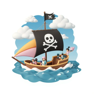 A cartoon pirate ship, boasting a large black flag with a white skull and crossed bones flying from the mast. The ship has colorful sails billowing in the wind, with wooden planks and cannons visible along the sides. On deck, a diverse crew of animated characters includes a tall pirate with a tricorn hat and a parrot on his shoulder, a short pirate with a hook for a hand, and a cheerful pirate girl with braided hair, all actively engaged in sailing. The sea is vibrant and lively, with waves splashing against the hull of the ship and a bright blue sky filled with fluffy white clouds overhead.