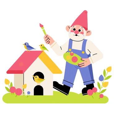 A small garden gnome wearing a red pointy hat and blue overalls is intently painting a birdhouse with bright colors, including red, yellow, and blue. The gnome holds a paintbrush in one hand and a palette in the other, with splashes of paint on his cheeks. Surrounding the birdhouse, three small birds, one yellow, one blue, and one green, perch on nearby branches, watching the gnome with curious expressions. The background features a lush green garden with flowers and a clear blue sky.