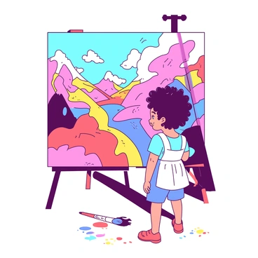 A young child with curly hair is standing in front of a large canvas. The canvas is covered in bold strokes of color, creating a vivid landscape full of swirling shapes and bright patterns. The child is holding a paintbrush in one hand, and colorful paint splatters are visible on their apron and the floor around them. The scene is filled with an atmosphere of excitement as the colors seem to dance and come alive, giving the impression of a vibrant world emerging from the canvas. The child’s face shows a look of concentration and joy as they immerse themselves in their creative process.