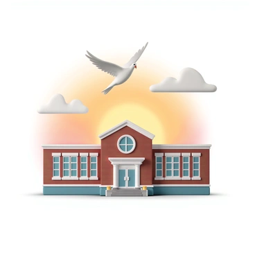 A white dove, wings fully extended, gracefully flying above a brick school building. The school building has large windows and a red brick facade, showcasing its classic architecture. The background features a vibrant sunrise, with hues of orange, pink, and yellow illuminating the sky. The soft light casts gentle shadows on the school, while the dove glides peacefully in the morning air.