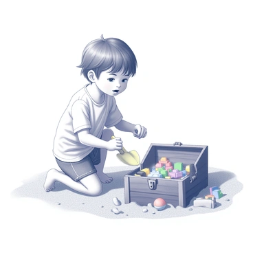 A child is kneeling in soft sand at the beach. The child has short, tousled hair and is focused intently on the task of digging. They are using a small plastic shovel to unearth a wooden treasure chest partially buried in the sand. The chest has a classic design with metal hinges and a latch. As the lid is pried open, the contents are revealed: a collection of colorful, simple toys such as a small rubber ball, plastic building blocks, and a toy car. The sand is being displaced around the child, creating small piles, while the sun shines down, casting soft shadows. The child's expression is one of surprise and delight as they uncover the unexpected toys.