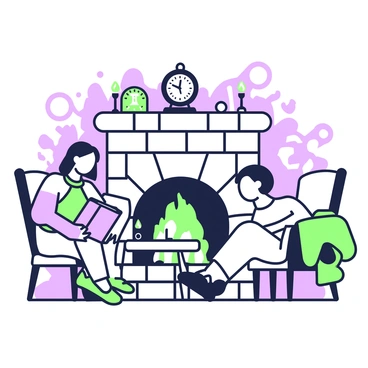 A group of three friends is sitting around a stone fireplace, engrossed in reading gothic stories. To the left, one friend is holding an ancient-looking book, their face illuminated by the warm glow of flickering candlelight on a small table. Opposite them, another friend leans forward with curiosity, their hand resting on a nearby cushion. A third friend is reclining back in a chair, listening intently, with a cozy blanket draped over their legs. Shadows dance on the walls behind them, creating an atmosphere of intrigue. The fireplace is adorned with a few rustic decorations, including a small clock and a pair of candlesticks with lit candles.