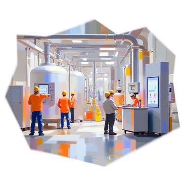 A busy factory interior showcasing the production of hydrogen fuel, filled with large industrial machinery and various equipment. Several workers with safety helmets and uniforms are actively engaged in their tasks, some monitoring gauges on control panels, while others operate machinery with precision. Pipes and tanks are visible throughout the space, with bright lights illuminating the area. The atmosphere conveys a sense of productivity and teamwork among the workers, as they efficiently contribute to the hydrogen fuel production process.