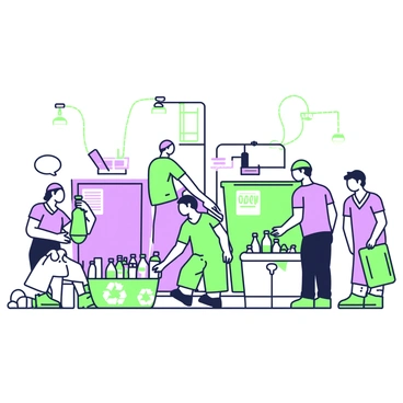 A recycling facility is busy with the process of sorting bottles. In the foreground, several workers wearing uniforms are actively handling a variety of bottles. Some bottles are clear, while others are colored, and they are grouped into different bins. In the center, there is a conveyor belt carrying bottles towards sorting stations. The background features large containers labeled for different types of materials, such as glass and plastic. Bright overhead lights illuminate the entire facility, highlighting the organized chaos of recycling efforts.