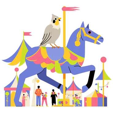 A cockatiel with grey and yellow feathers perched confidently on the back of a colorful carousel horse. The horse is painted in bright shades of blue, pink, and yellow, with a shiny mane and a golden saddle. The carousel is surrounded by a vibrant fairground filled with colorful tents, balloons, and fairy lights. In the background, people are enjoying various rides and games, adding to the lively atmosphere of the fair.