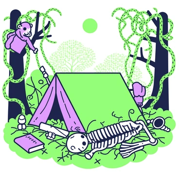 An explorer's camp is set in a dense jungle filled with thick vines and towering trees. In the center of the camp, there is a small tent made from green fabric, surrounded by scattered supplies such as ropes, a lantern, and a notebook. Amidst the underbrush, a human skeleton lies partially uncovered, tangled in the vines. The bones are weathered and discolored, showing signs of age. Nearby, a curious monkey is perched on a branch, observing the scene. Sunlight filters through the canopy above, casting dappled shadows on the ground.