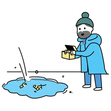 A surprised fisherman with a beard is standing at the edge of an ice fishing hole. He is wearing a heavy blue coat and a dark green beanie. In his hands, he is pulling a tiny treasure chest out of the hole. The chest is wooden, with metal accents, and it appears slightly ajar, revealing glimmers of gold coins inside. The icy surface around the hole is white and textured, and there are small fishing gear items scattered nearby.