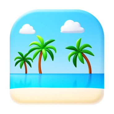 A beach scene featuring fine white sand stretching across the foreground. The clear blue water sparkles under the sunlight, creating a vibrant contrast with the sand. In the background, several tall palm trees sway gently, their green fronds providing shade. The sky above is bright blue with a few fluffy white clouds scattered across it. The scene captures a sense of tranquility and natural beauty.
