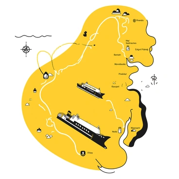 A detailed map displaying a ferry route across a bay, featuring winding lines indicating the path of the ferry. The map includes two prominent port locations, marked with clear symbols, one on each side of the bay. The area around the bay is depicted with outlines of landforms, waves representing water, and a compass rose in one corner. Additional details such as small icons for nearby landmarks and dotted lines showcasing additional potential routes enhance the overall composition.