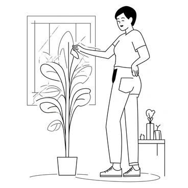 A person gently dusting the leaves of a tall indoor plant in a bright room