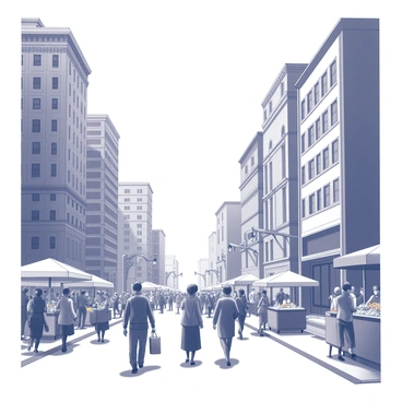 A vibrant city street filled with people. There are various tall buildings with distinct architectural features, such as large windows and intricate facades. People are walking along the sidewalk, some carrying bags, while others are engaged in conversation. Street vendors are selling food, with carts lining the edges of the street. The atmosphere is dynamic, showcasing the movement and energy of city life. Streetlights line the roadway, casting light on the scene.